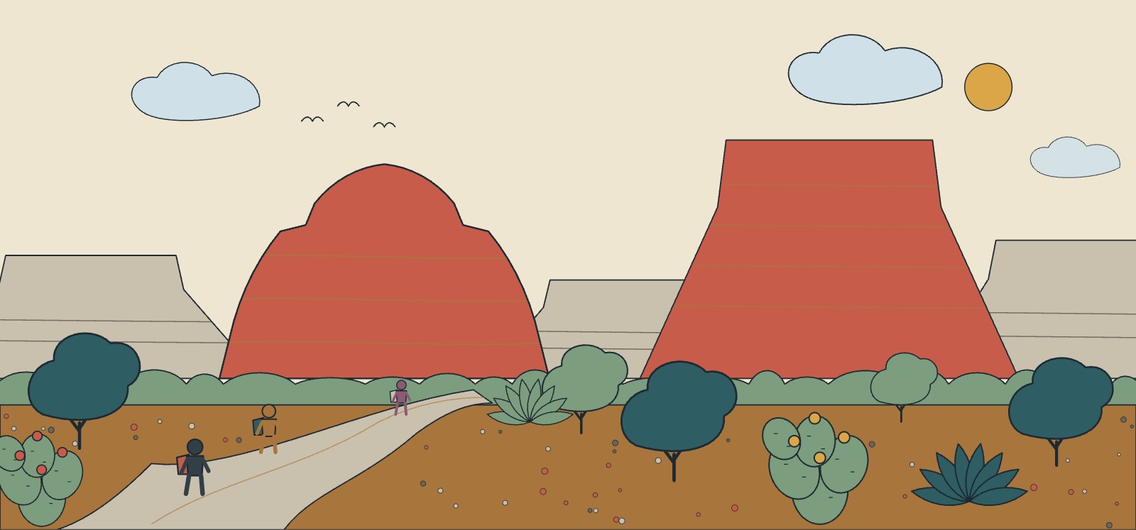 Illustration of Bell Rock with a red dirt trail and walkers, junipers and prickly pear in the foreground