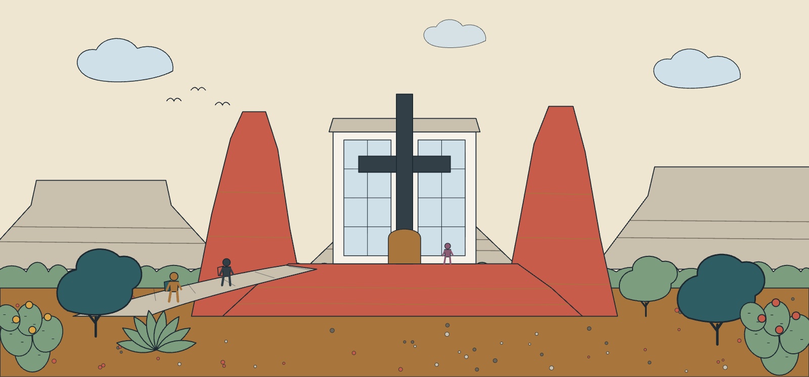 Illustration of the Chapel of the Holy Cross set into the red rock above Sedona, with its access ramp and the valley beyond