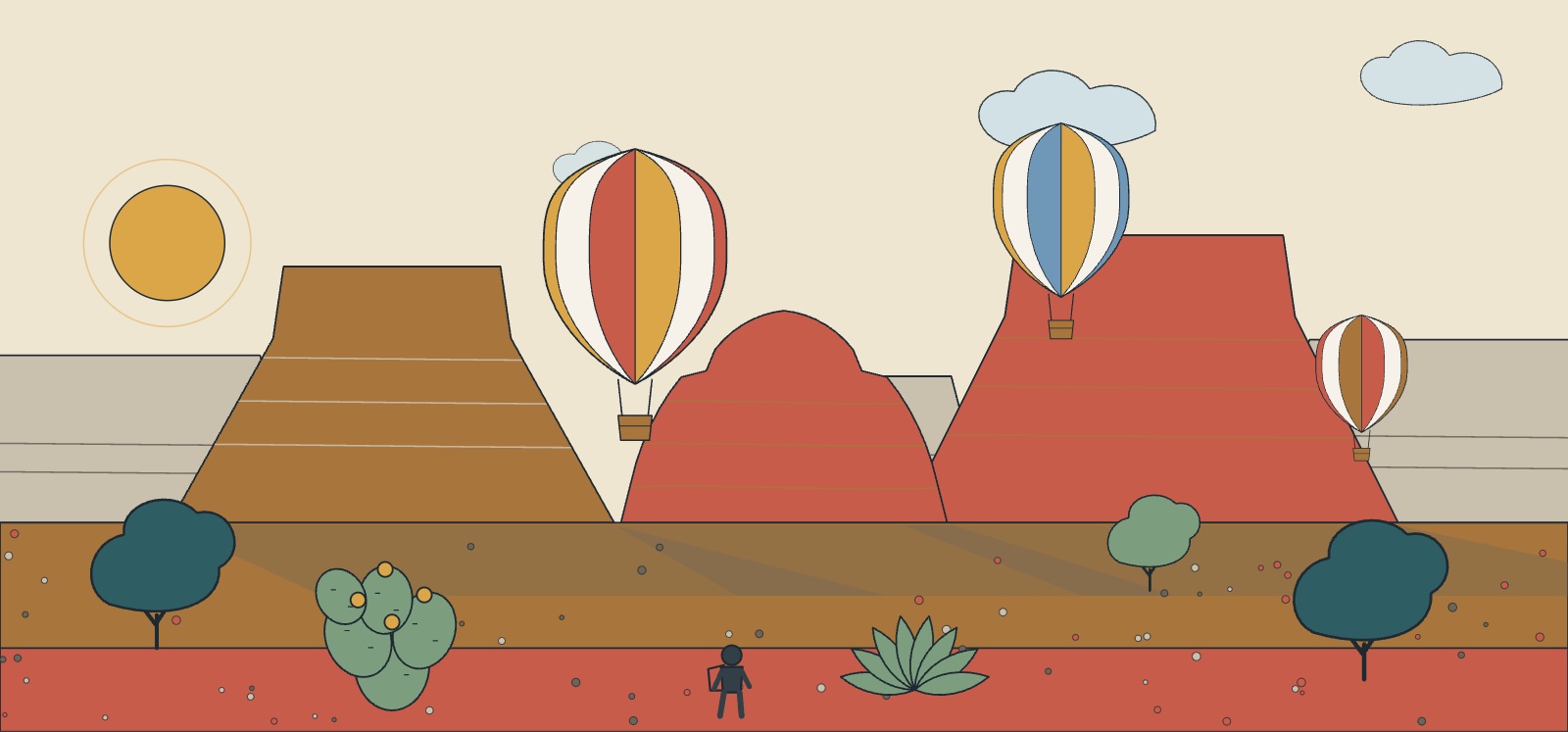 Illustration of hot air balloons rising at sunrise over the red buttes and mesas around Sedona